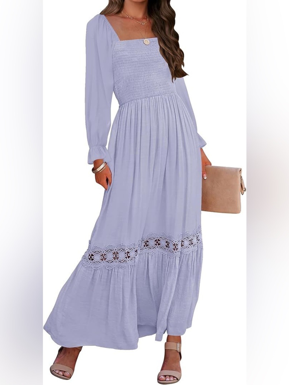 Zesica Long Sleeve Smocked Maxi Dress with Crochet Detail